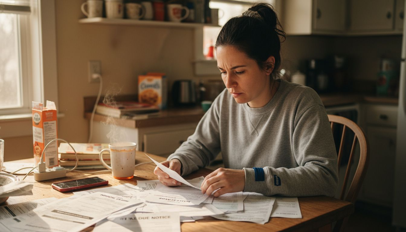 Woman reviewing injury-related medical bills at table