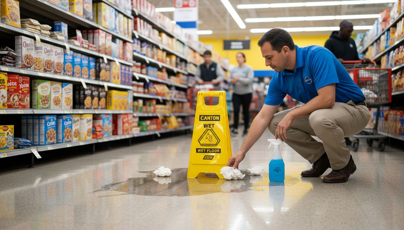 Supervisor placing wet floor sign by spill
