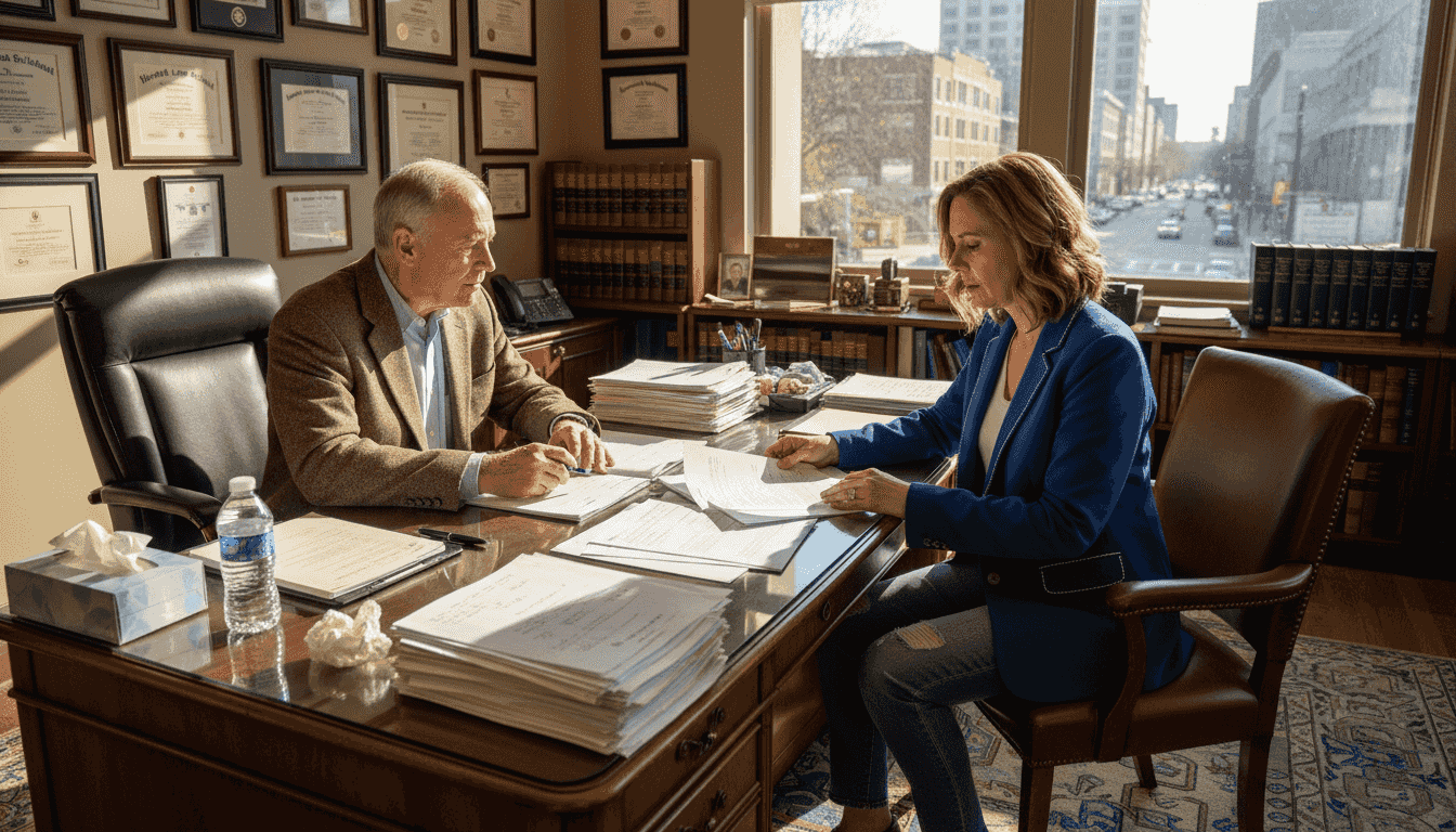 Attorney consulting with injury client in office