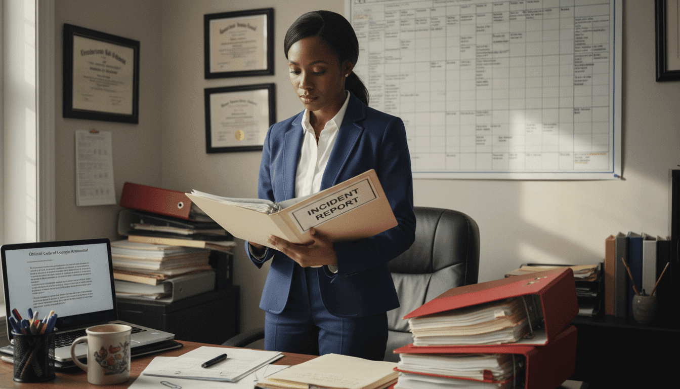 Attorney reviewing slip and fall case file