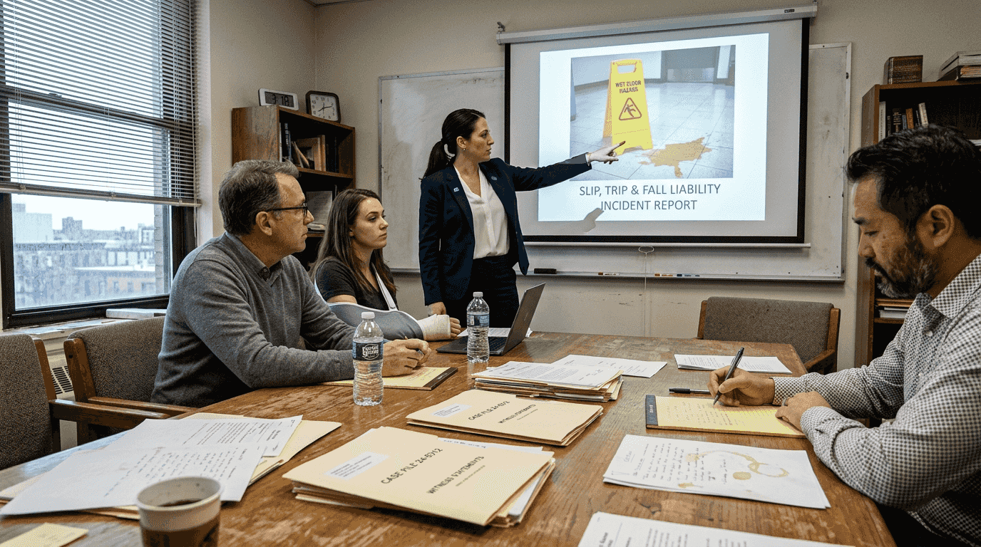 Attorney explaining slip and fall evidence in meeting