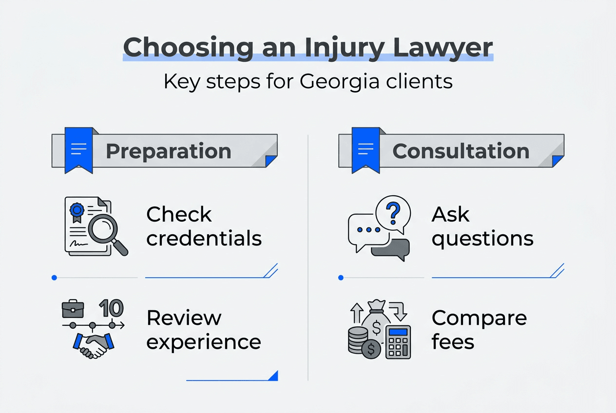 Infographic illustrating injury lawyer selection steps
