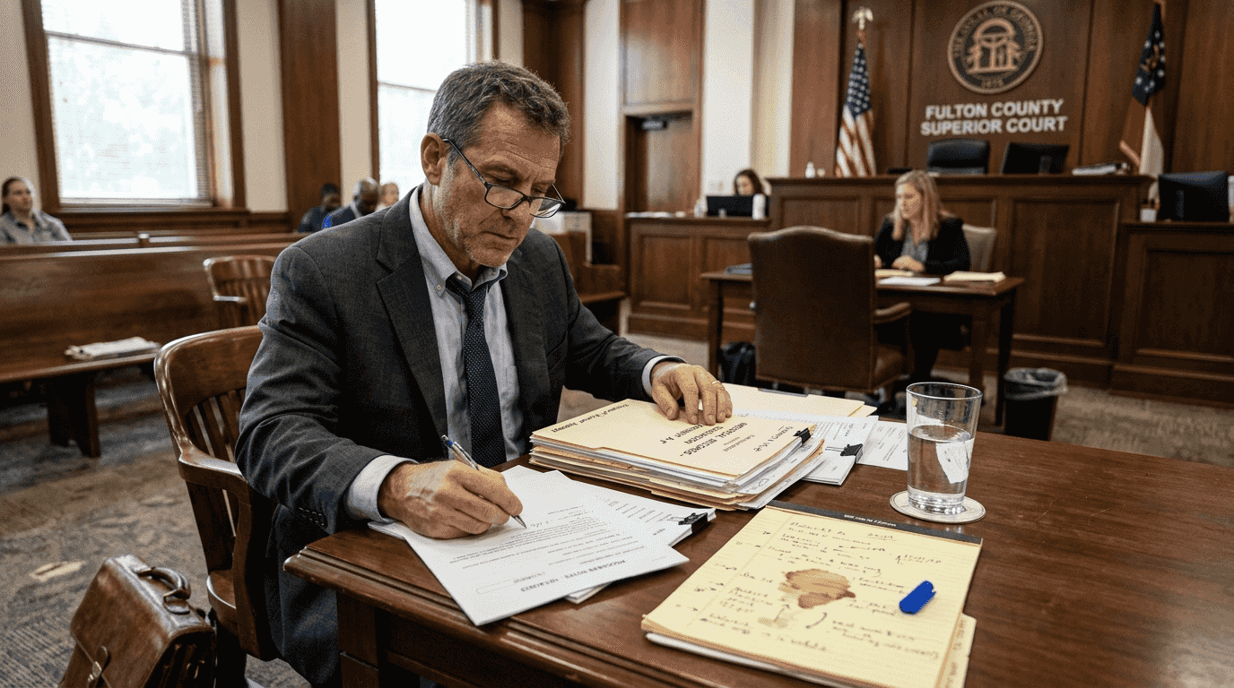 Attorney reviewing injury records in courtroom