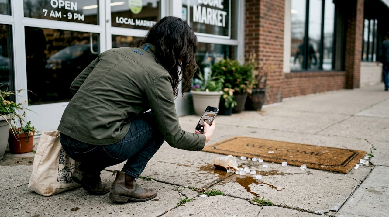 Woman taking photo of slip hazard spill