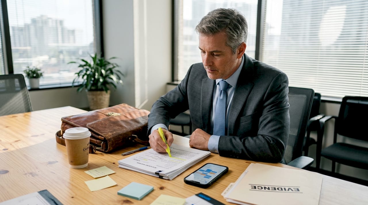 Attorney reviewing slip and fall case documents