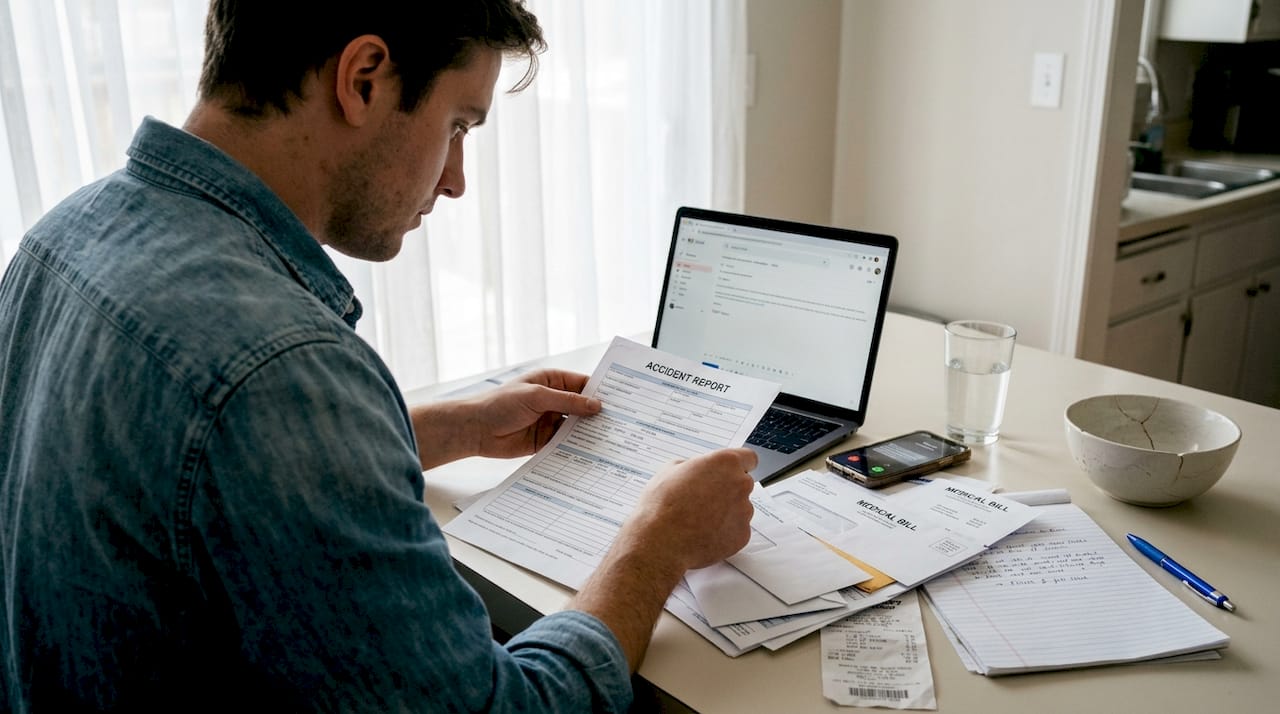 Man organizing accident paperwork at kitchen table