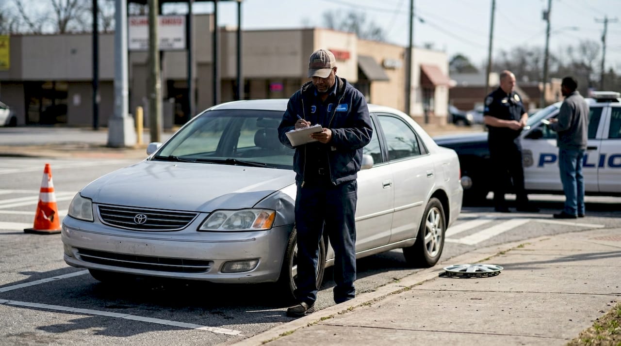 Tow truck operator filling accident report