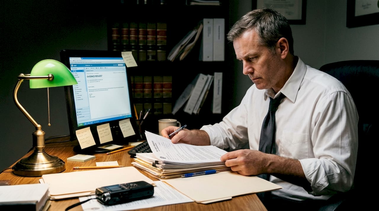 Lawyer reviewing evidence at cluttered desk