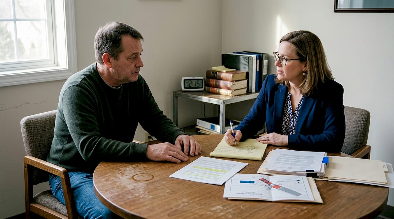 Client consulting lawyer after trucking accident