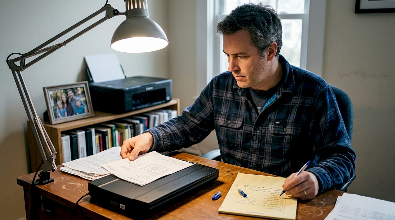 Man scanning bills for accident claim at home desk