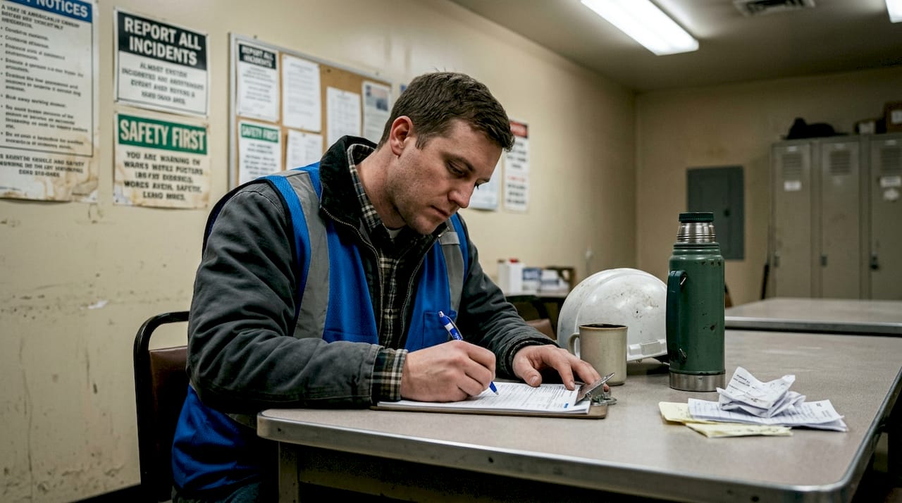 Railroad worker completing injury report in break room