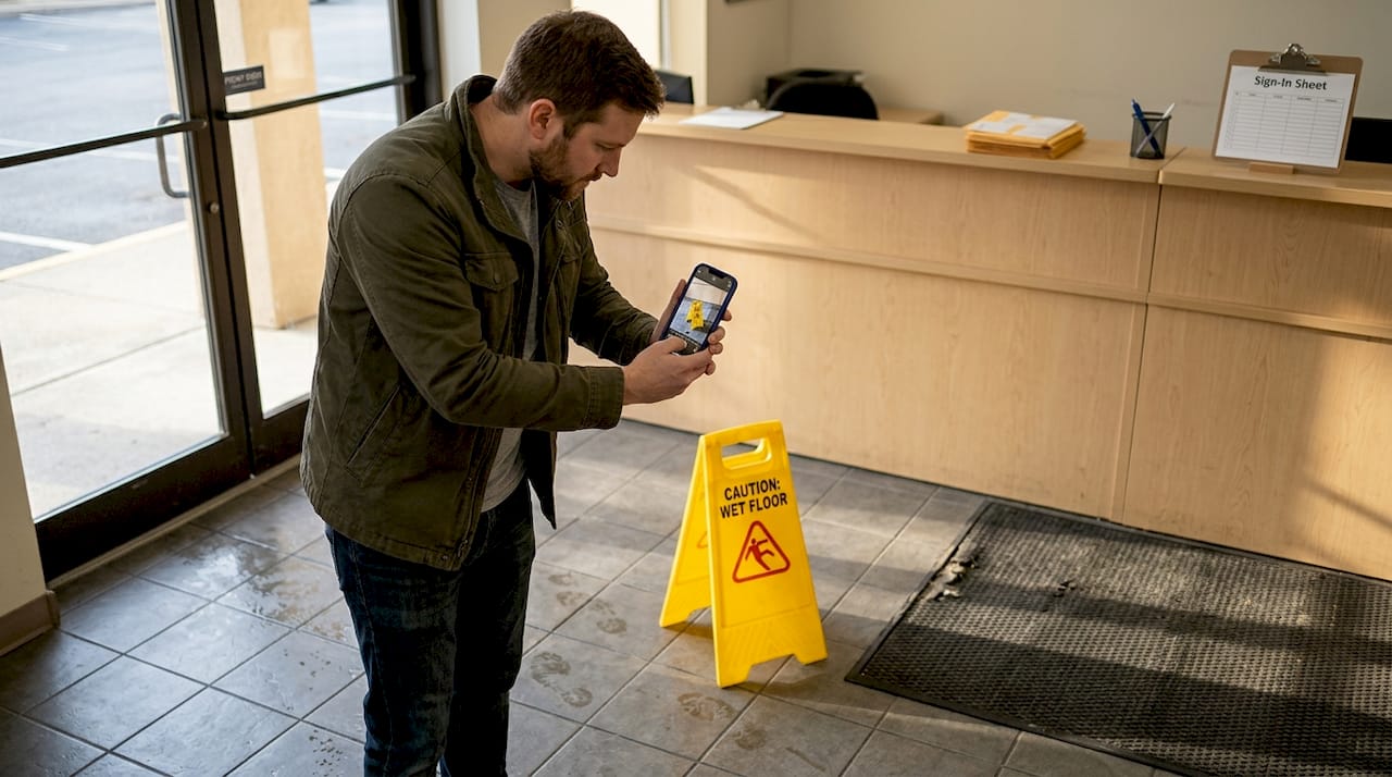 Person photographing slip hazard evidence in lobby