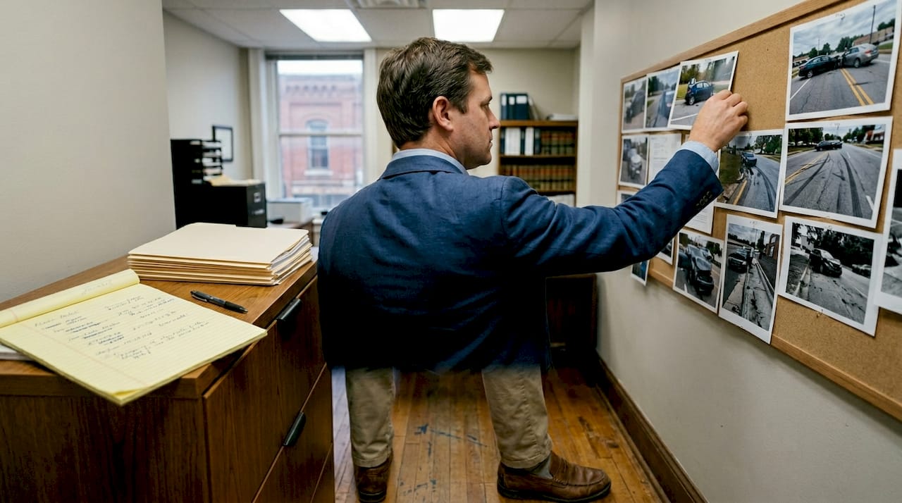 Attorney examining accident scene evidence in office