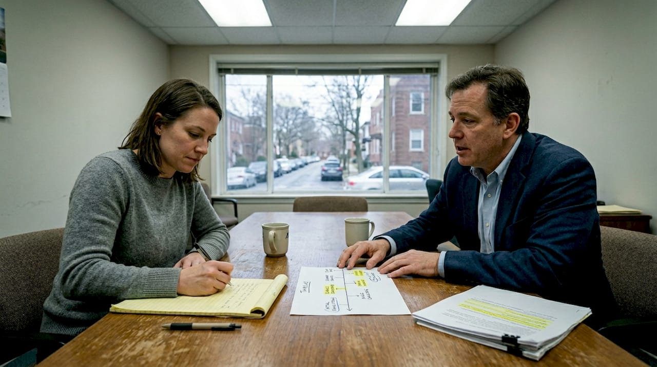 Client taking notes with attorney at meeting