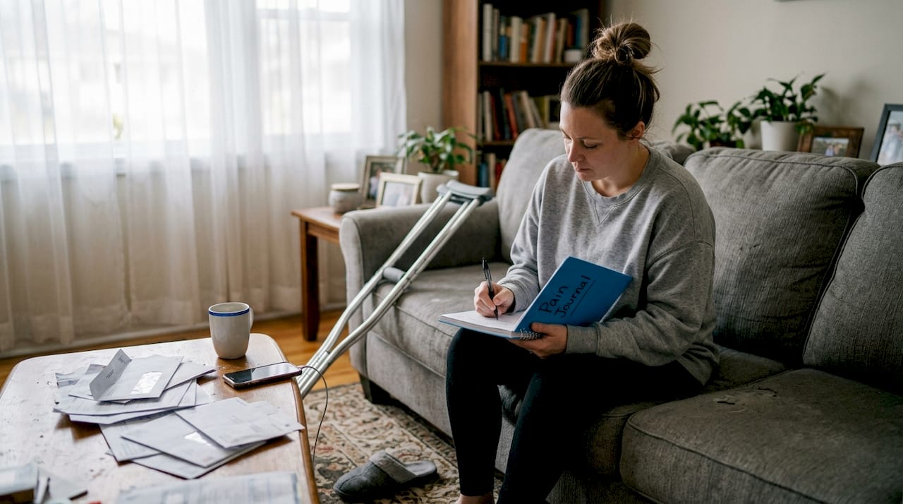 Woman with crutches writing pain journal