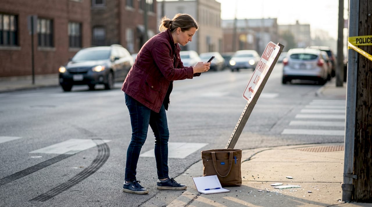 Woman documents accident evidence with phone