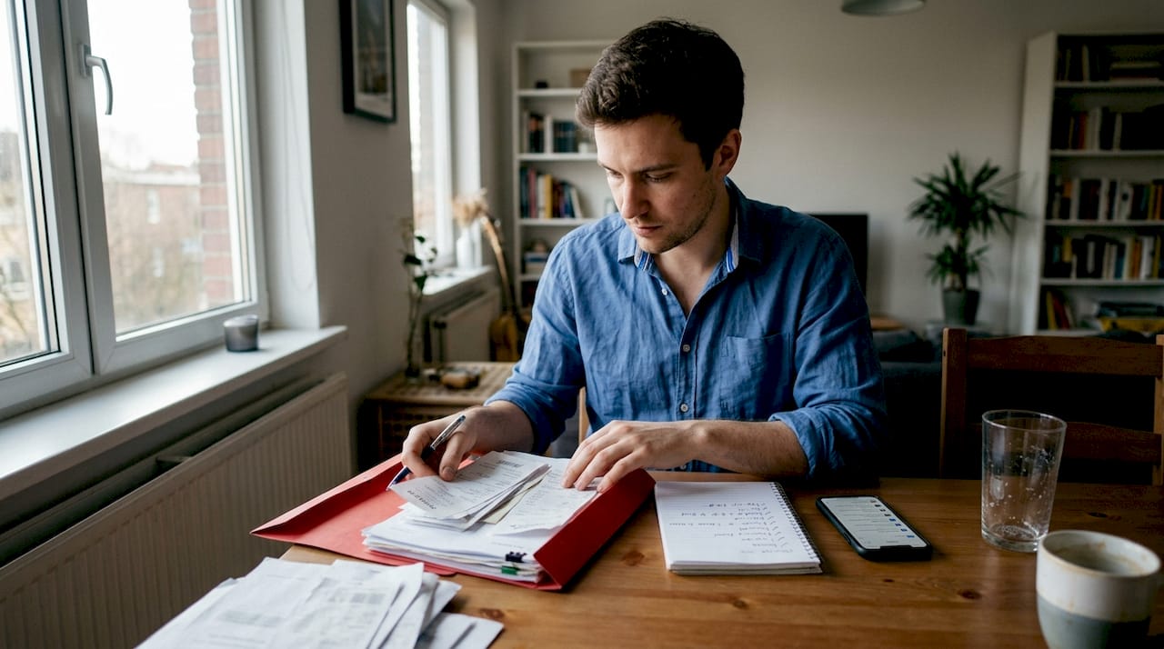 Man organizing personal injury documents at home