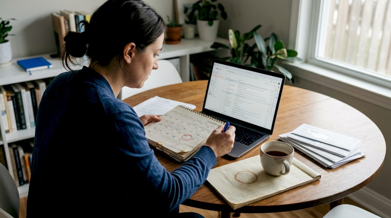 Woman reviewing legal deadline on home calendar