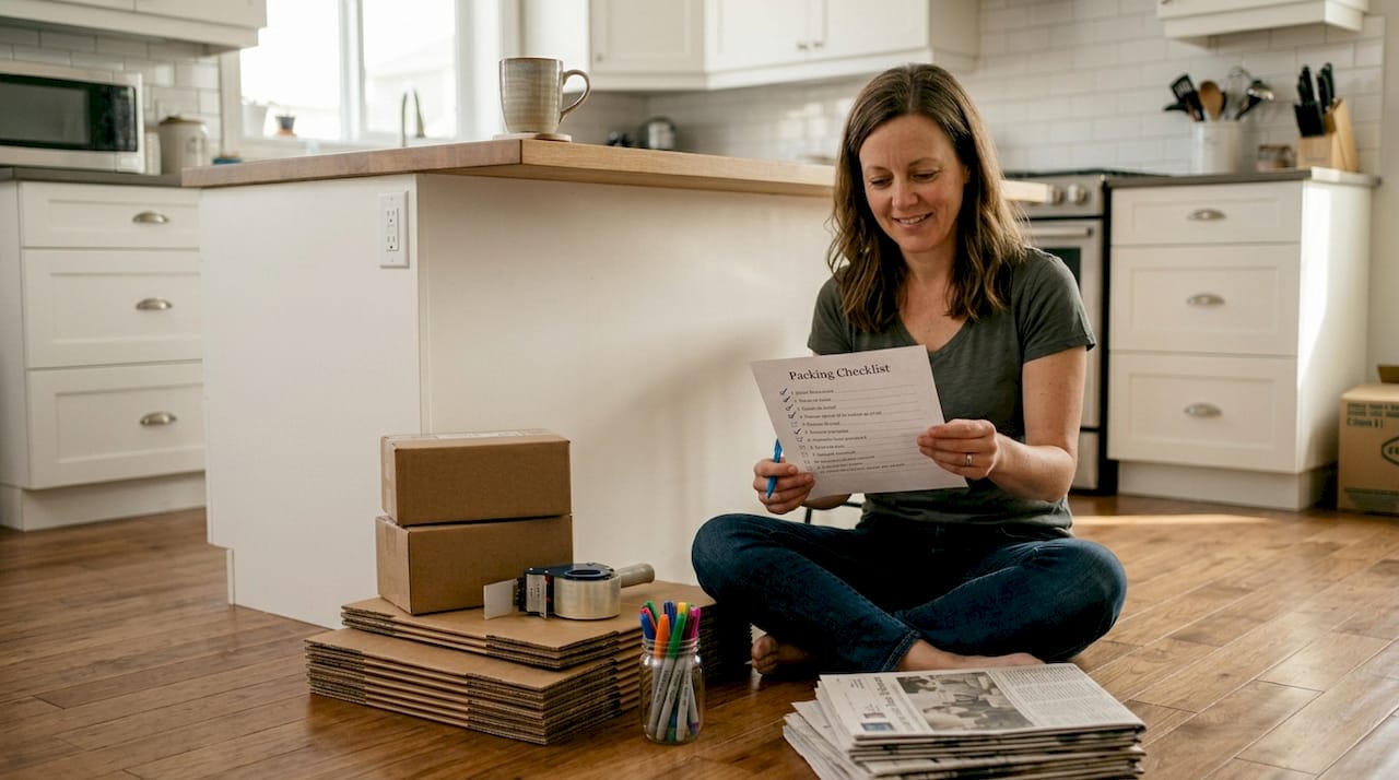 Woman reviewing packing supplies and checklist