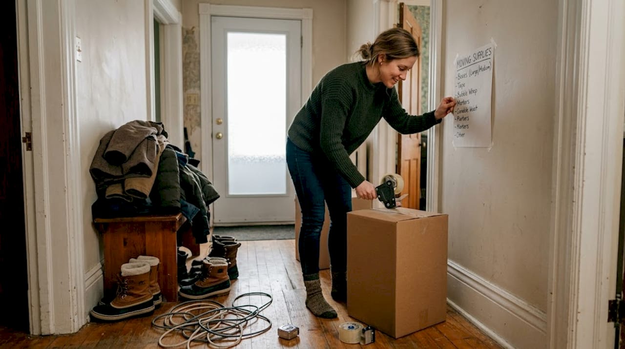 Woman preparing moving boxes in hallway