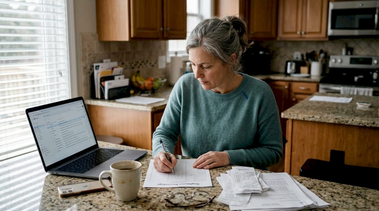 Woman preparing negotiation notes at kitchen counter