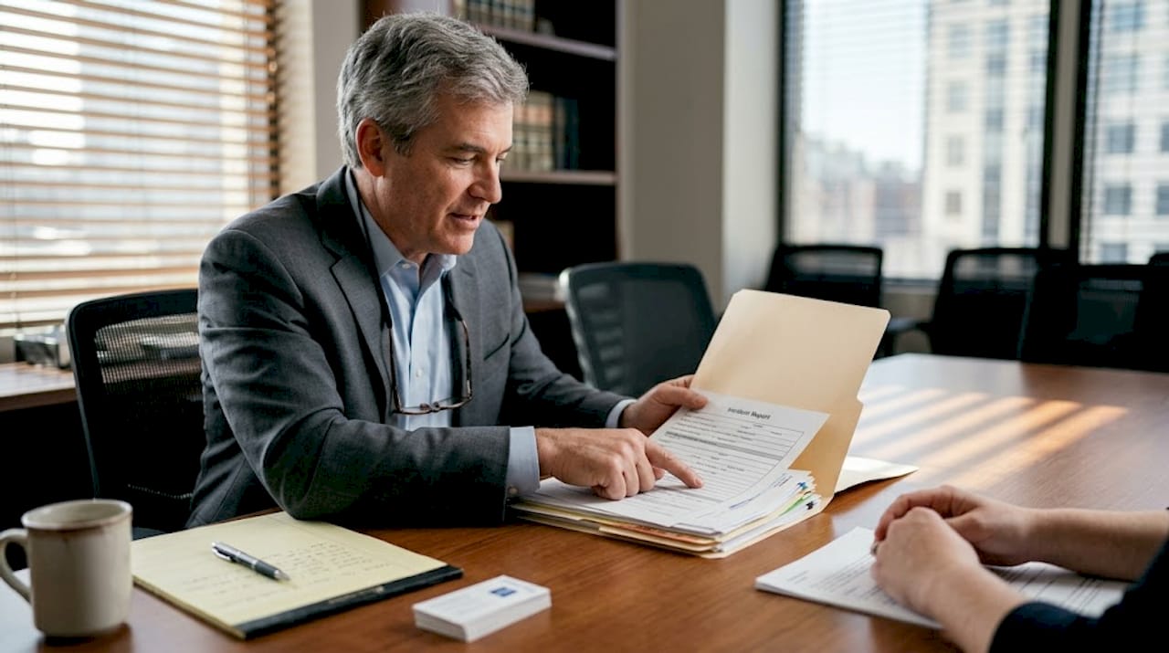 Attorney reviewing incident report with client