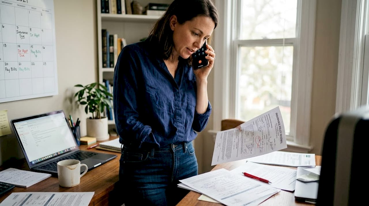 Woman calling insurer to report accident