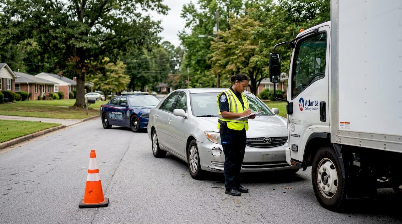 Police and workers at truck accident scene