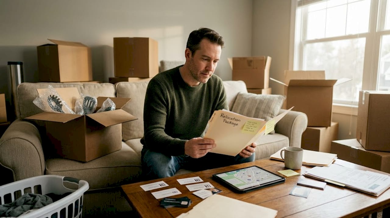 Homeowner reviewing relocation package documents