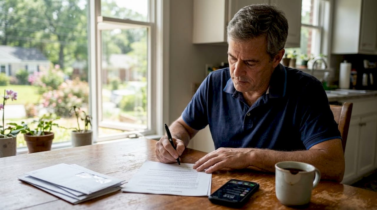 Man signing legal settlement at kitchen table