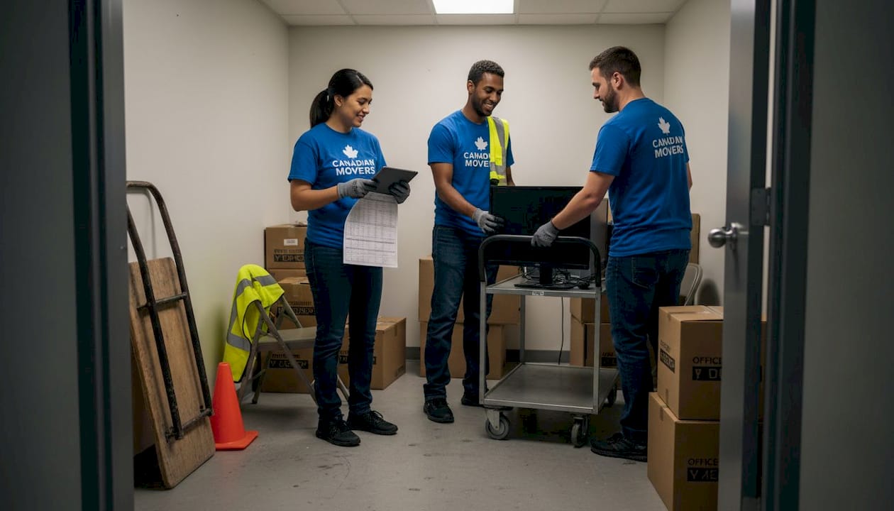 Movers loading computers into storage unit