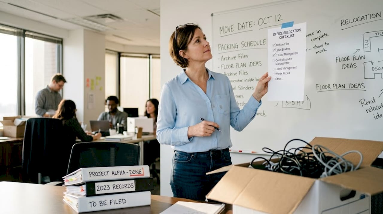 Office coordinator reviewing moving checklist