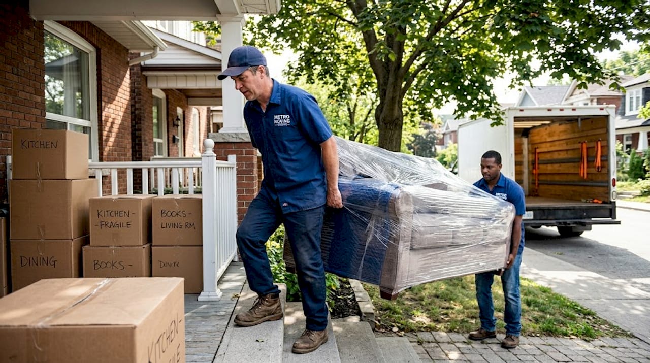 Moving crew carrying sofa from Ontario home