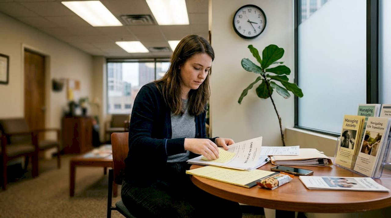 Paralegal reviews injury files in therapy office