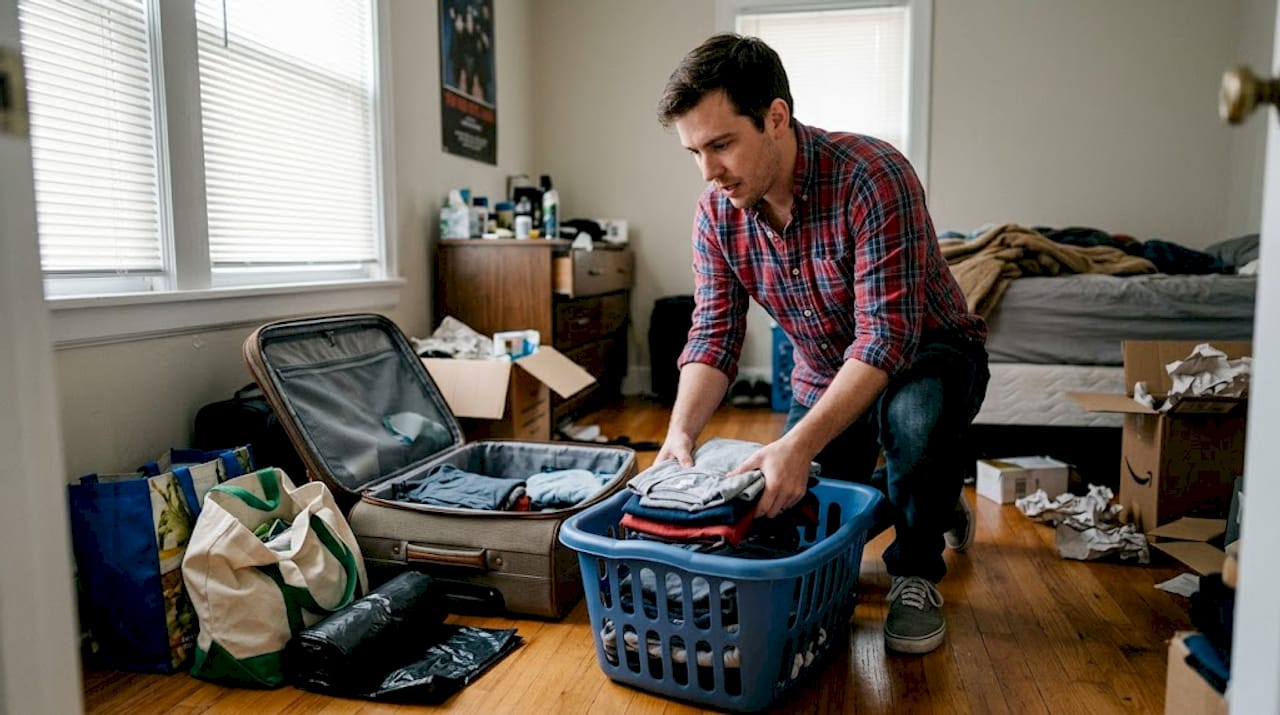 Man gathering packing supplies for move