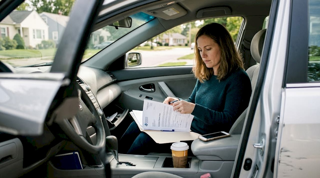 Woman organizing car accident paperwork