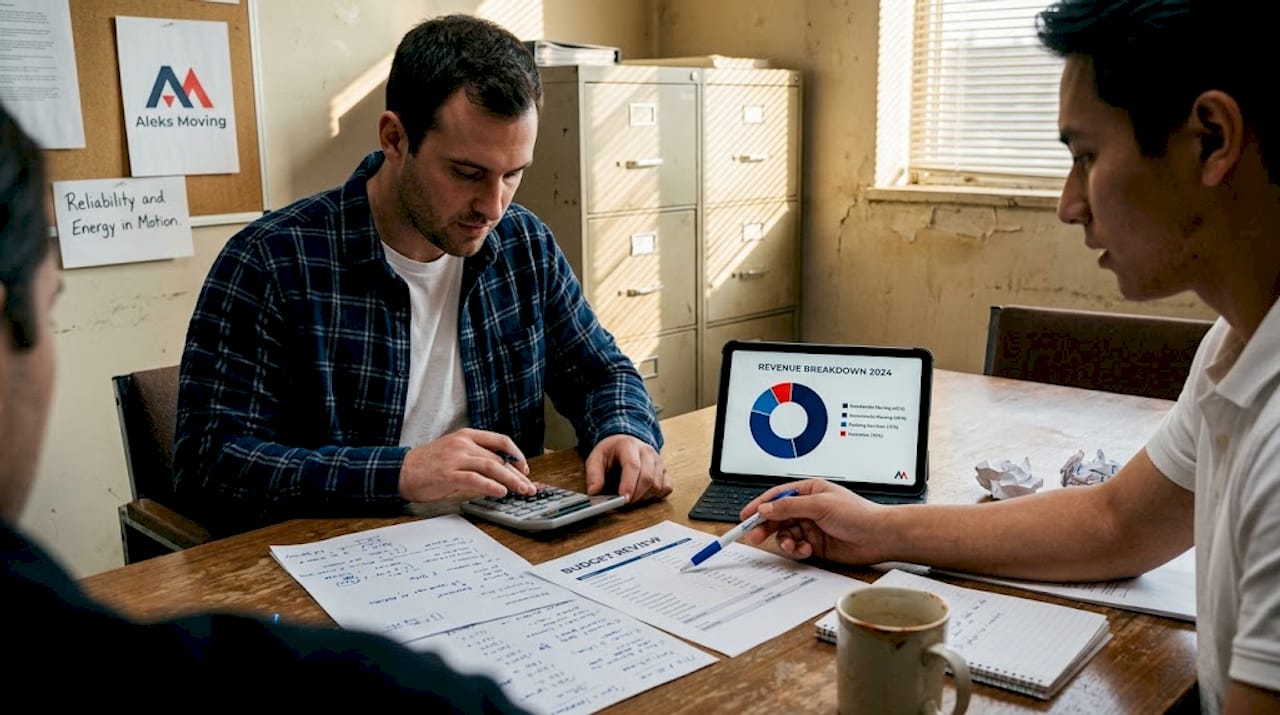 Team reviews office move budget documents