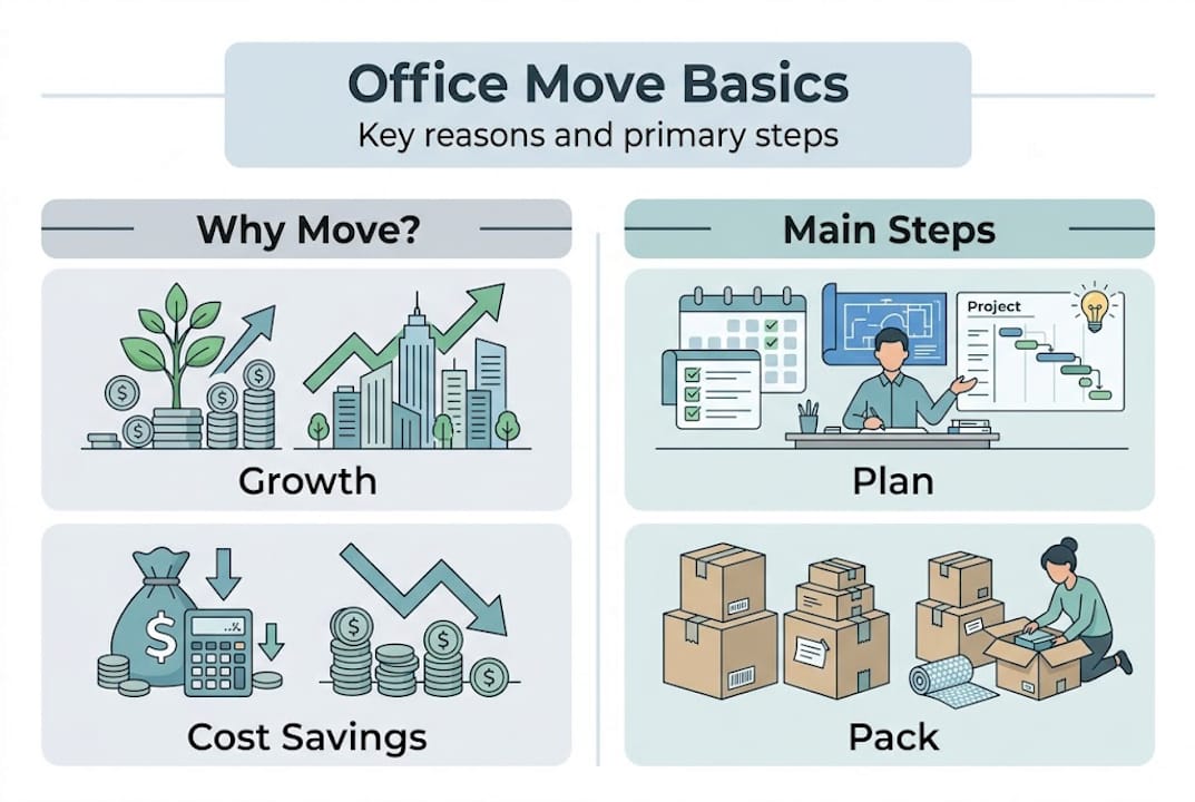 Infographic diagram on office move reasons and steps