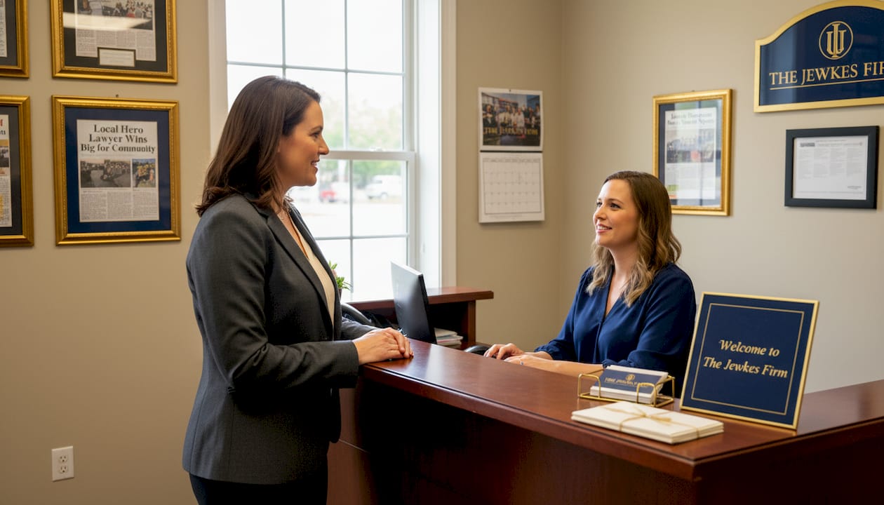 Client talking to receptionist at local law office