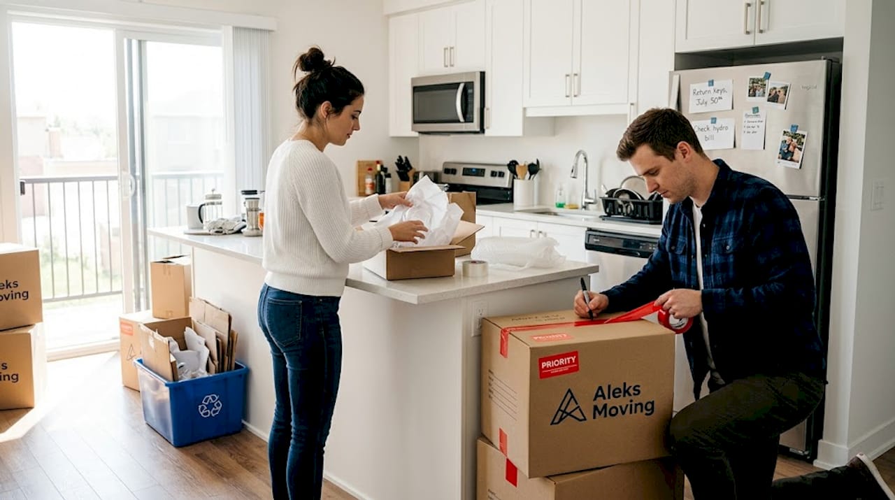 Couple packing condo kitchen carefully
