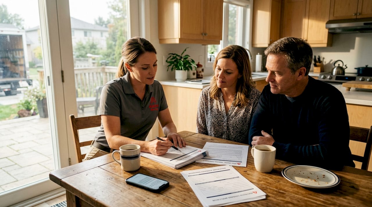 Mover and clients discussing paperwork in kitchen
