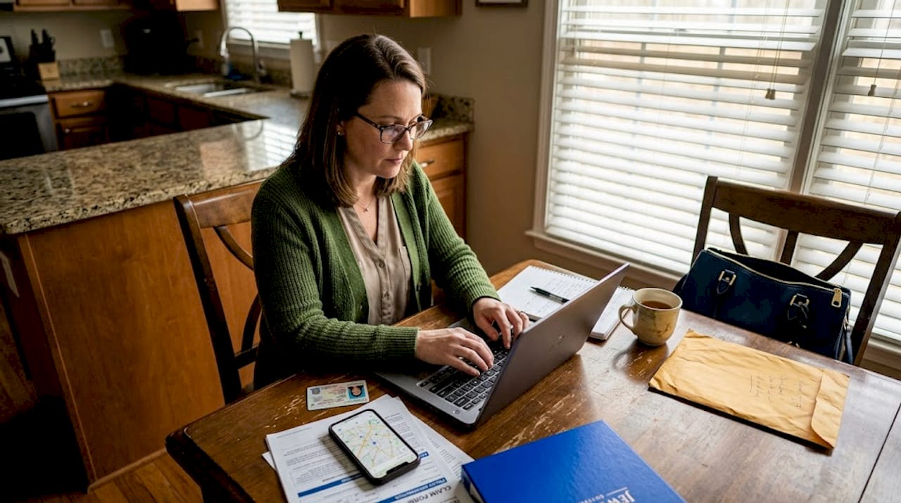 Woman recording accident evidence at kitchen table