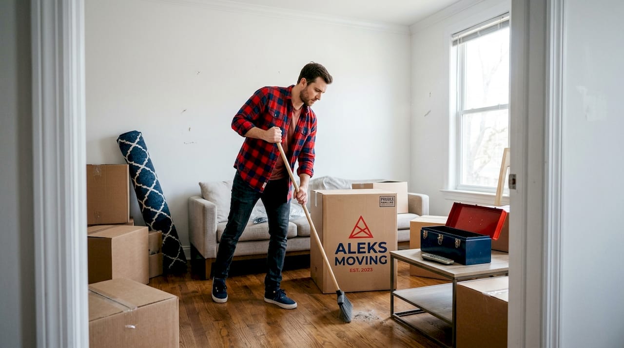 Renter cleaning living room for moving day