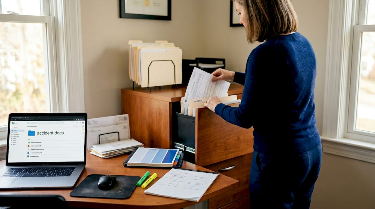 Woman storing injury claim documents for backup