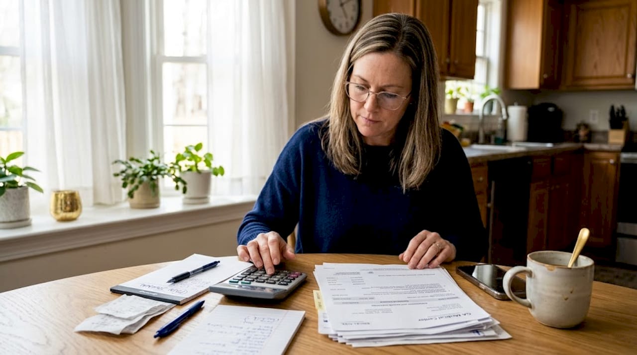 Woman reviewing compensation documents at kitchen table