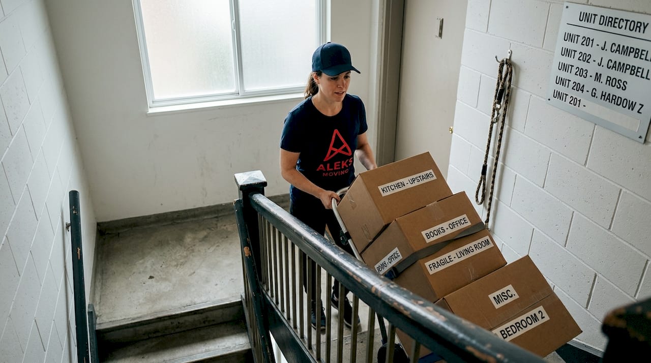 Mover with dolly on apartment stairs Ontario