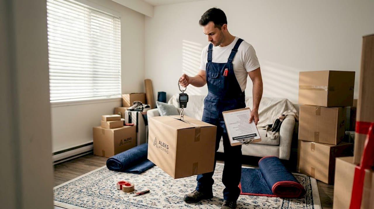 Mover weighs box in apartment living room