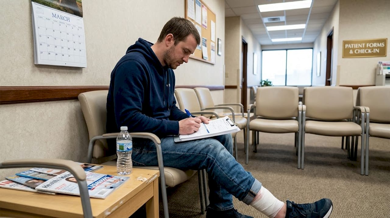 Patient filling forms in clinic waiting room