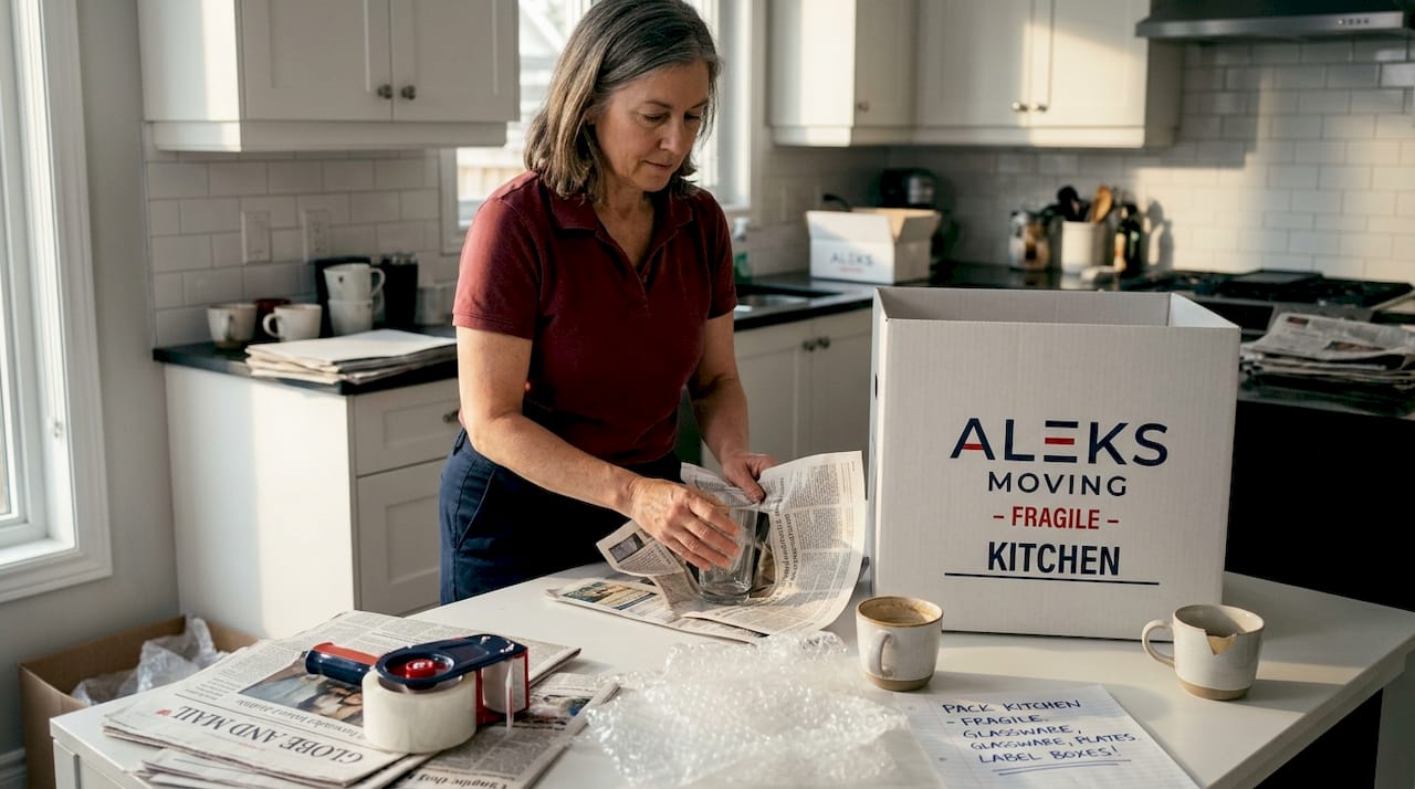 Woman wrapping glasses at crowded kitchen table