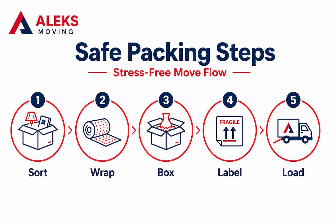 Infographic with five steps to safe packing